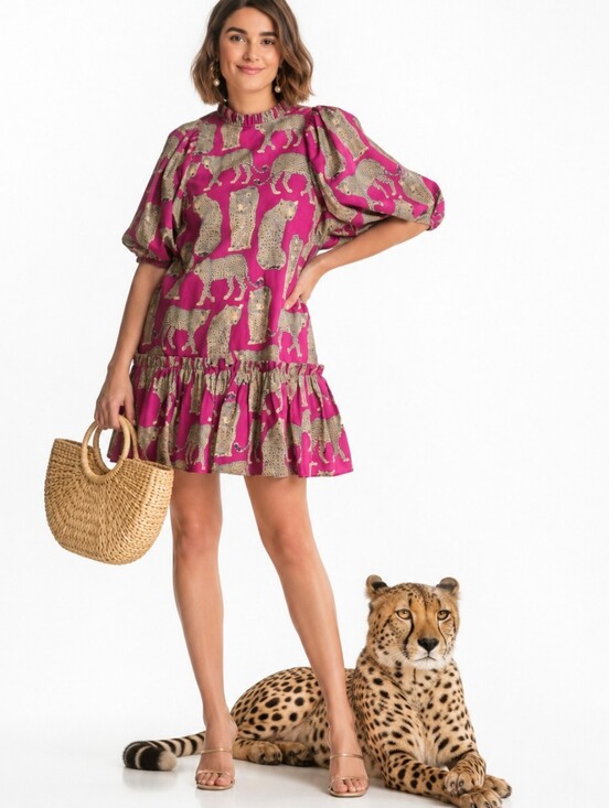Tyler Boe Dresses & Skirts - Tyler Boe Fuchsia and Cheetah Print Dress Puff Sleeves Sammy